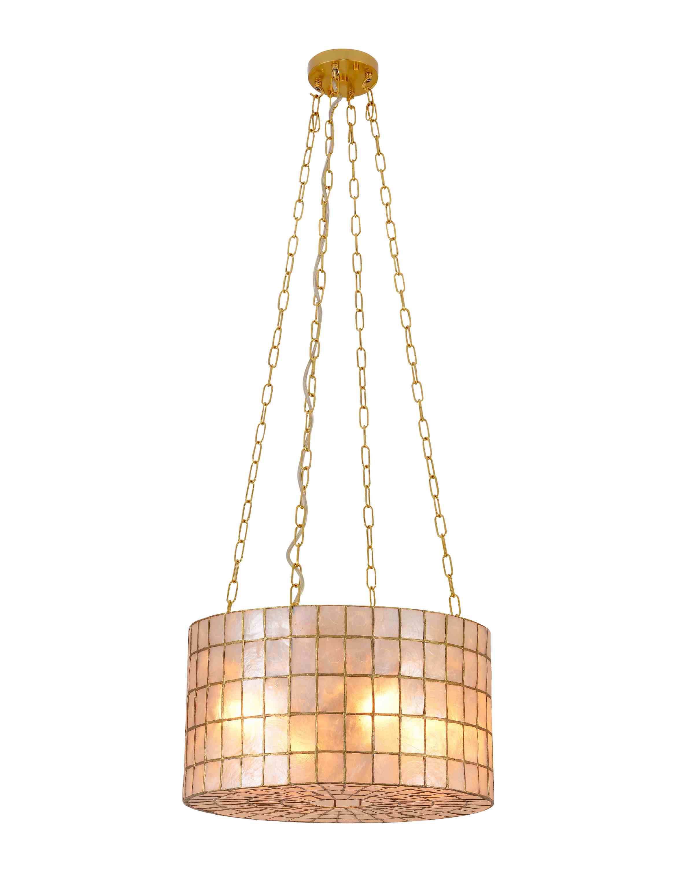 Lampadario a tamburo Capiz Shell con catene d'oro