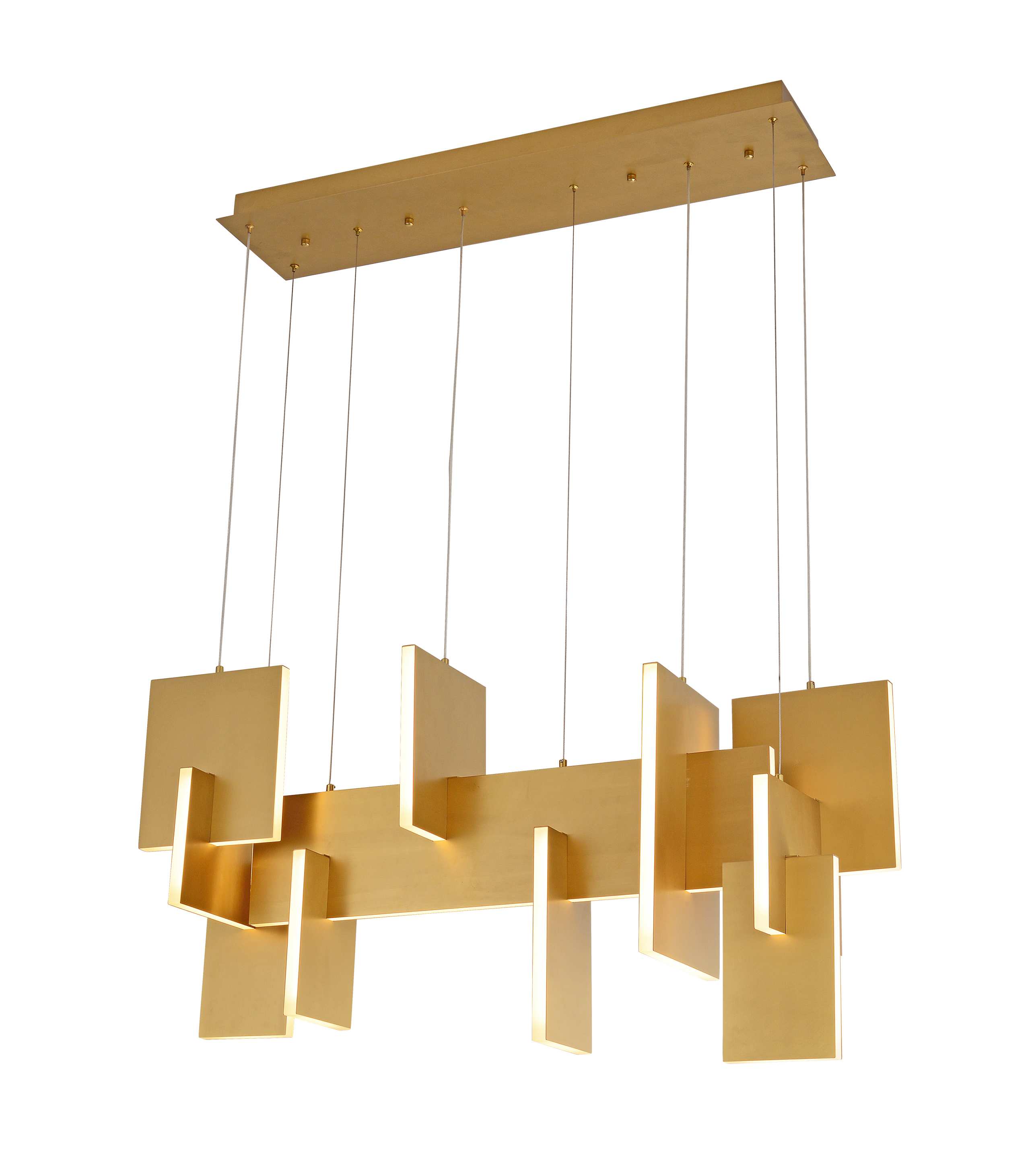 Lampadario lineare a pannelli geometrici dorati
