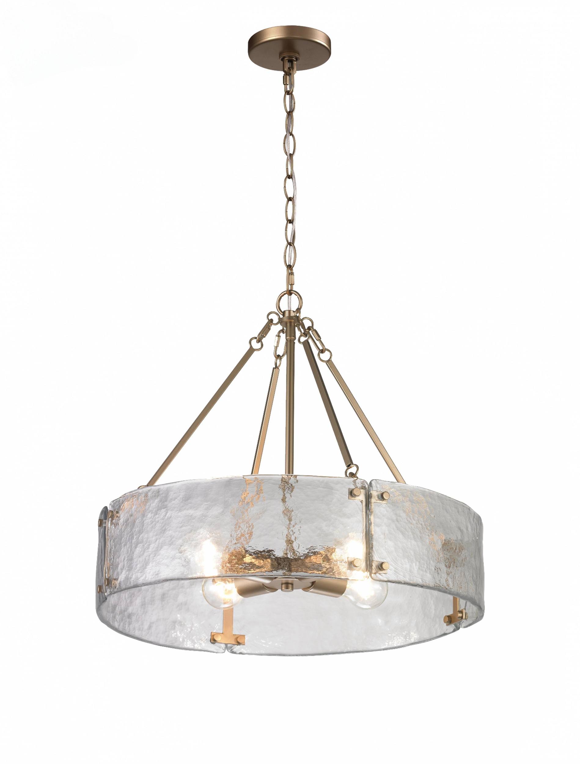 Lampadario in ottone con tamburo di vetro martellato