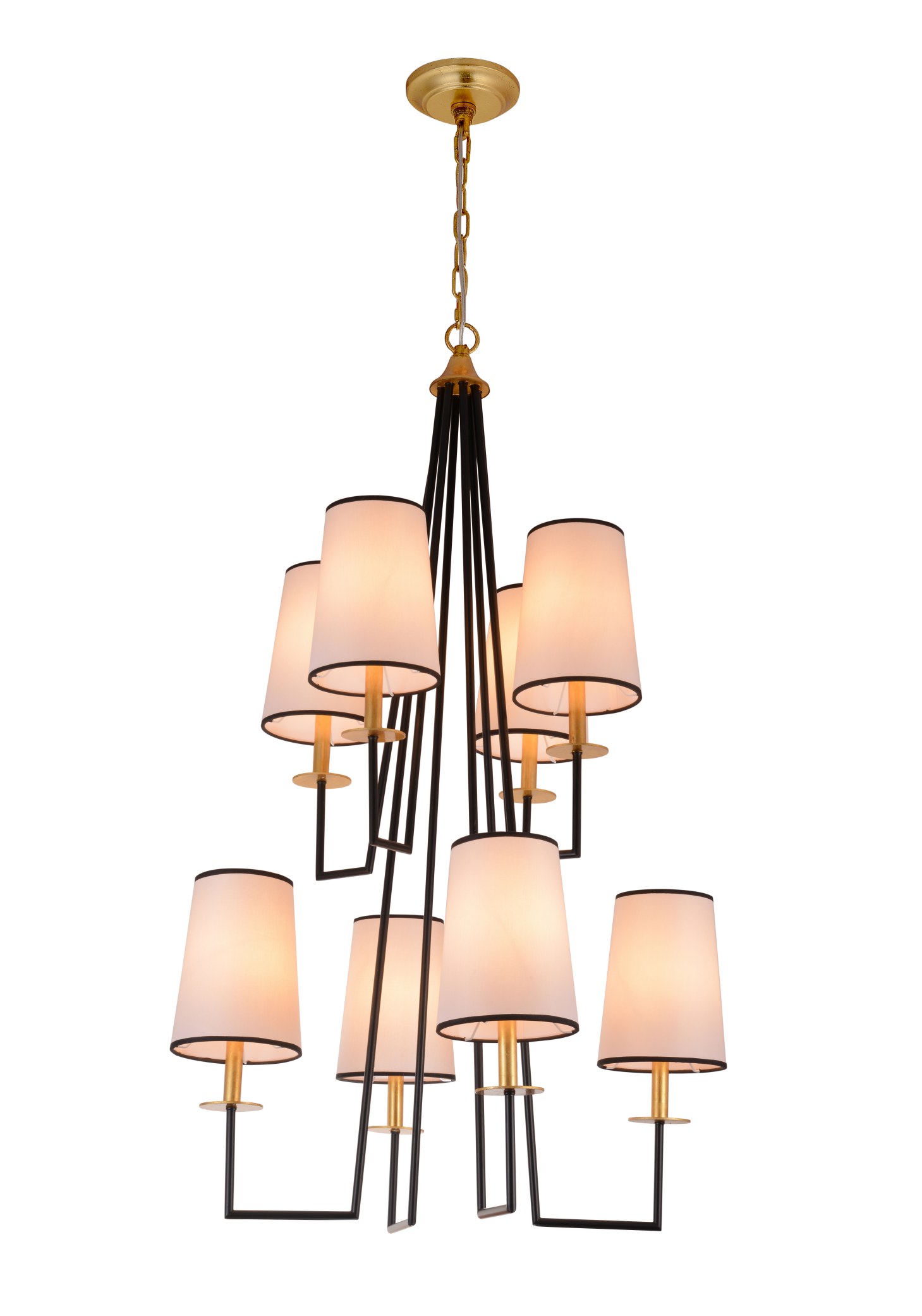 Lampadario in tessuto oro nero geometrico a 8 luci a strati