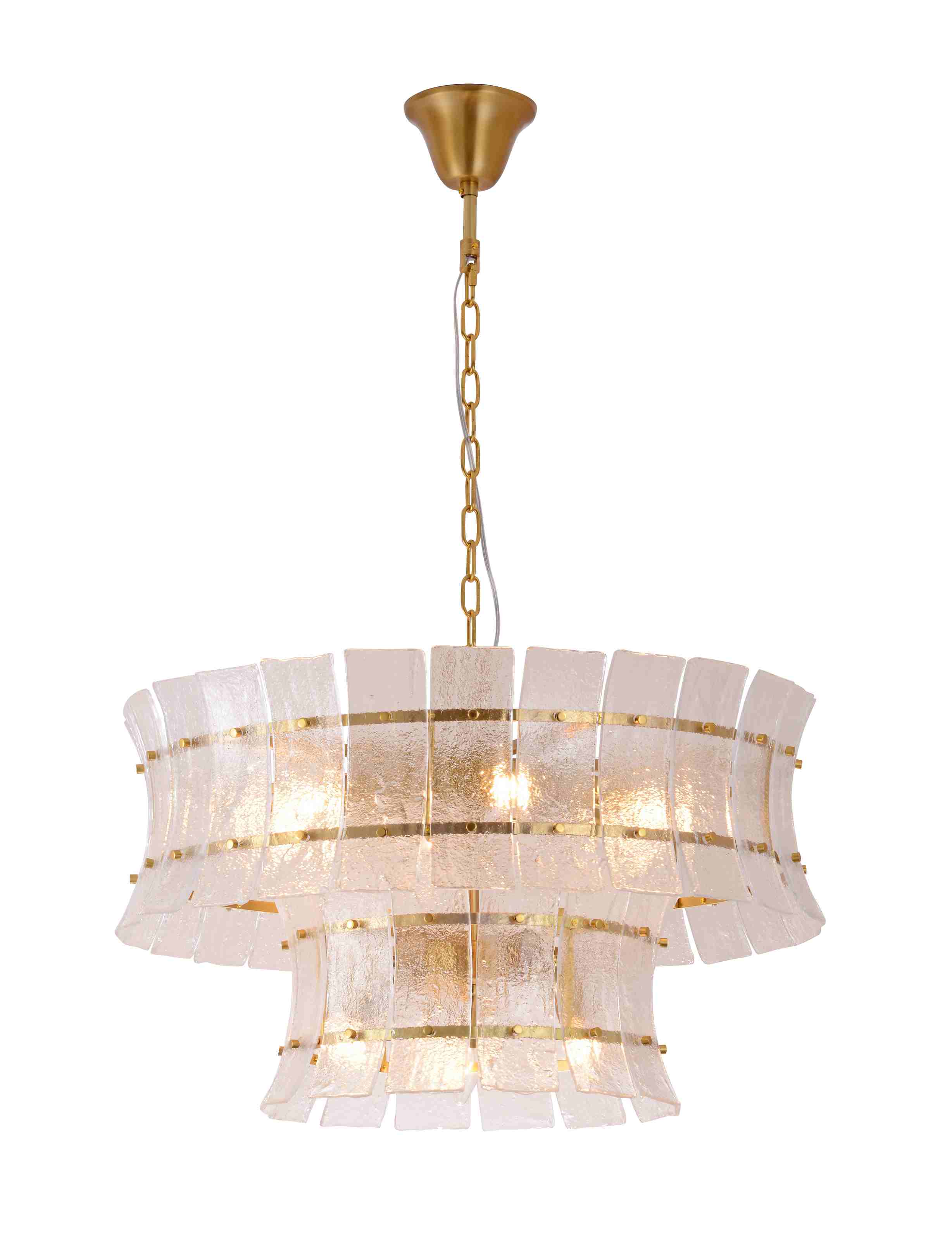 Lampadario in ottone a due livelli in vetro testurizzato martellato